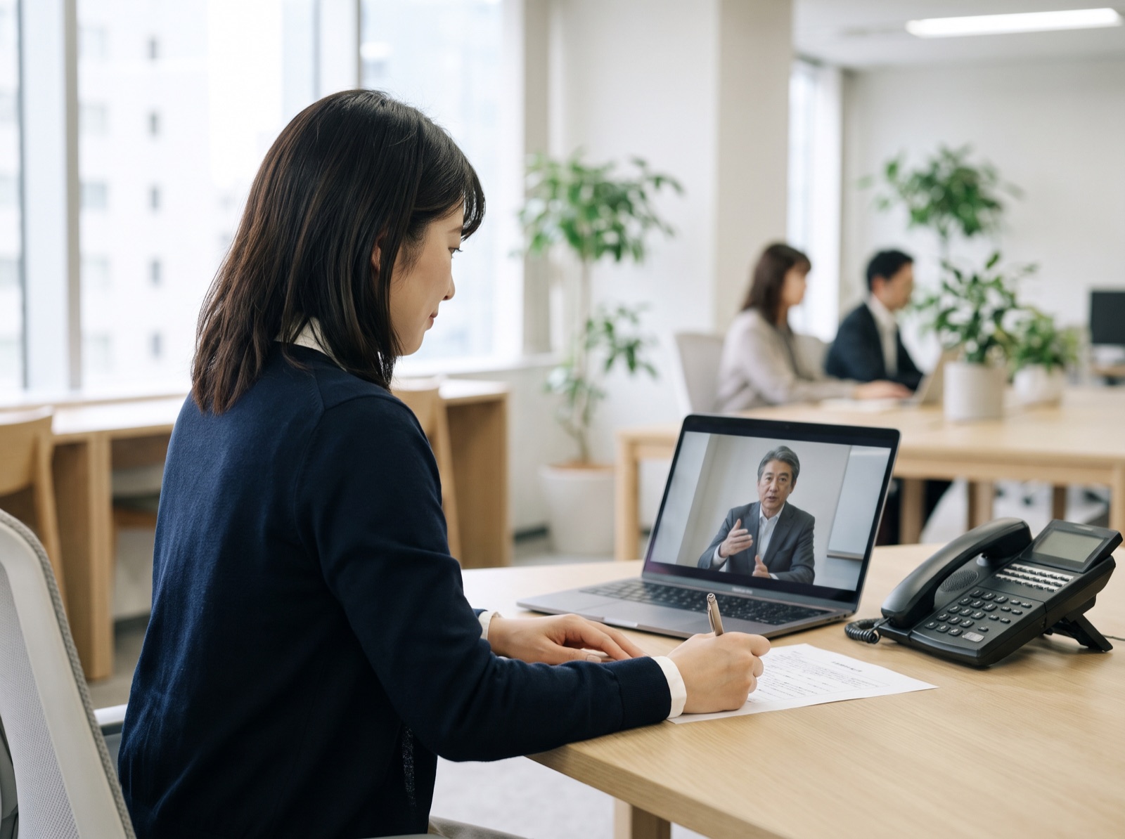 自席で営業電話をかける受講社員と、ノートパソコンの画面越しにオンラインで指導する講師