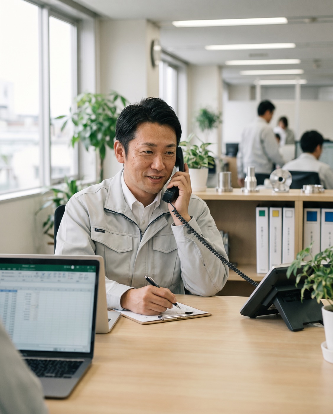 オフィスの自席で、架電リストを見ながら営業電話をかける社員